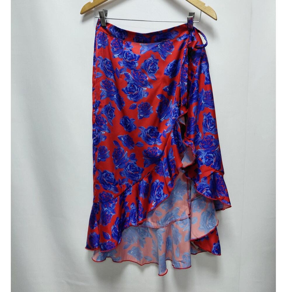 NWT NA-KD Wrap Over Satin Frill Skirt Red Blue Floral Lightweight Women Size 40